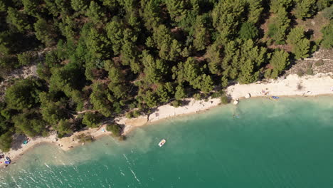 Lake-of-Sainte-Croix-beaches-aerial-top-shot-France-sunny-day-turquoise-water
